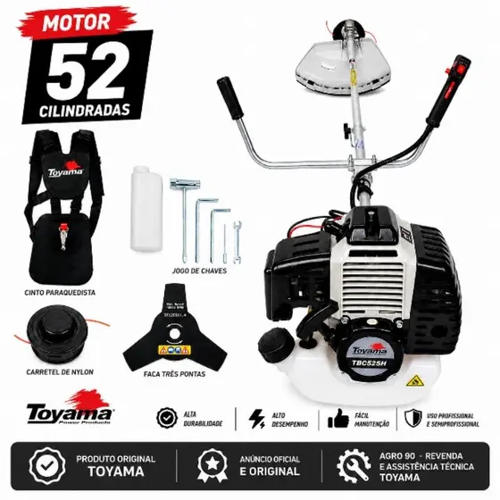 Roçadeira Toyama Tbc52sh Gasolina 2t 52cc Carretel Lamina Cinto misturador e jogo de chaves