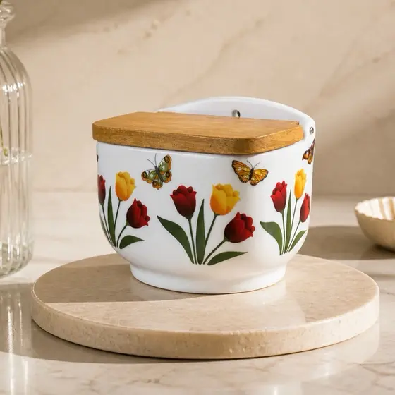 SALEIRO DE PORCELANA RETANGULAR 1kg - TAMPA DE MADEIRA - Tulipas com borboletas
