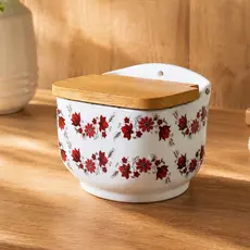 SALEIRO DE PORCELANA 1kg - FLOR PORTUGUESA VERMELHA (tampa de madeira e parafuso de inox)