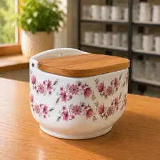 SALEIRO DE PORCELANA 1kg - FLOR PORTUGUESA ROSA (tampa de madeira e parafuso de inox)