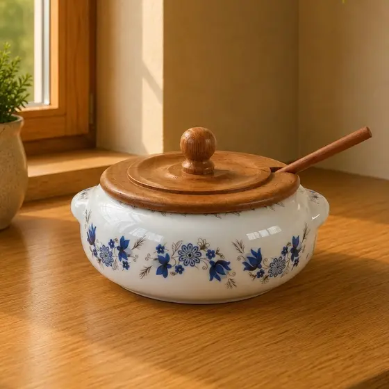 FARINHEIRA DE PORCELANA - decorada com flores portuguesas  (acompanha tampa e colher de madeira)