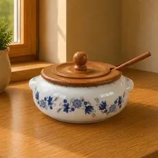 FARINHEIRA DE PORCELANA - decorada com flores portuguesas  (acompanha tampa e colher de madeira)