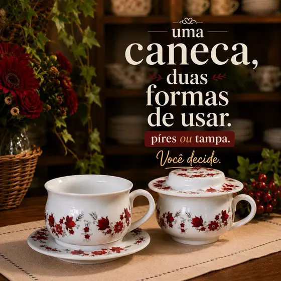 CANECA DE PORCELANA COM TAMPA QUE VIRA PIRES (270ml) FLOR PORTUGUESA VERMELHA