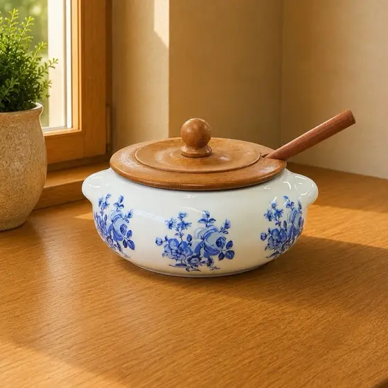 FARINHEIRA DE PORCELANA - FLORAL AZUL - acompanha tampa e colher de madeira.