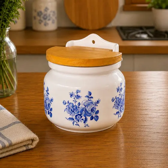 SALEIRO DE PORCELANA REDONDO - FLORAL AZUL (tampa de madeira e parafuso em inox)