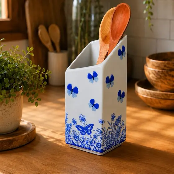 PORTA-UTENSÍLIOS DE PORCELANA - JARDIM AZUL (colher ilustrativa, não acompanha o produto)