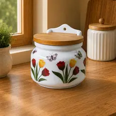 SALEIRO DE PORCELANA REDONDO - TULIPAS COM BORBOLETAS  (tampa de madeira e parafuso em inox)