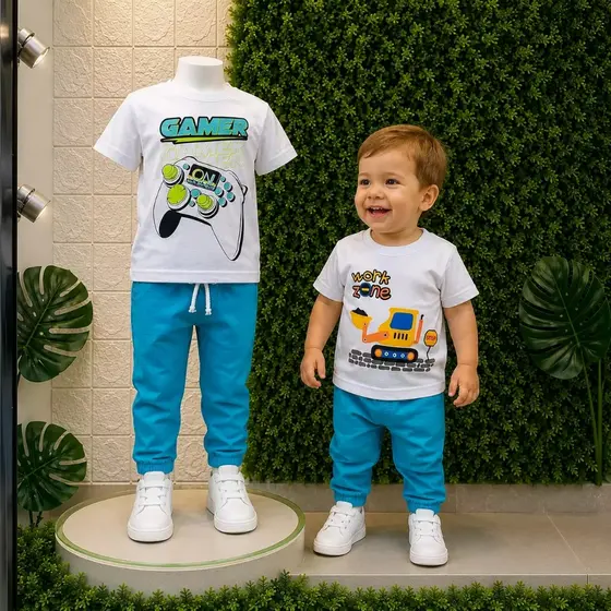 Kit Menino Infantil calça jogger lisa e Camiseta estampada Branca