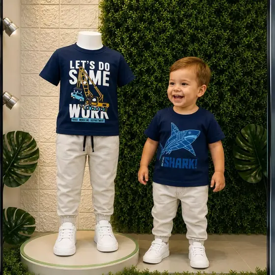 Kit Menino Infantil calça jogger lisa e Camiseta estampada marinho