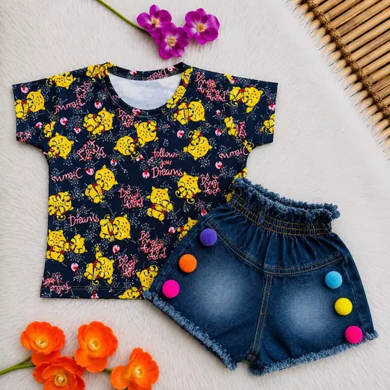 Kit Camiseta Juliete e Short Bolinha azul marinho
