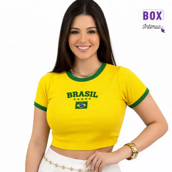 Camiseta Baby Look Brasil Feminina Canelada Bordada | Gola Ribana Ajustada Algodão Confortável