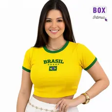 Camiseta Baby Look Brasil Feminina Canelada Bordada | Gola Ribana Ajustada Algodão Confortável