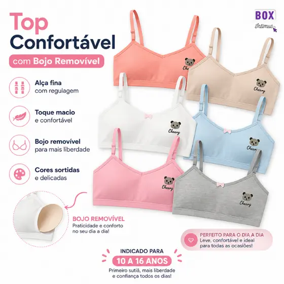 Tops Sutiãs Infantil/Juvenil 10–16 Anos, Bojo Delicado – Alças Finas com Regulagem e Confortável.