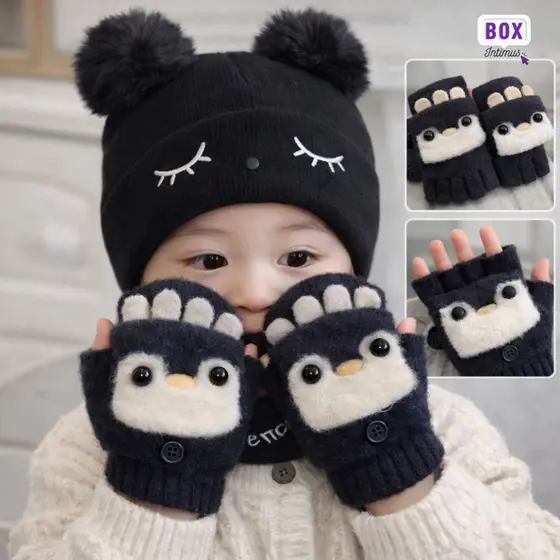 Kit Inverno Infantil até 5 Anos Touca + Protetor de Pescoço + Luva 2 em 1 | Cores Sortidas