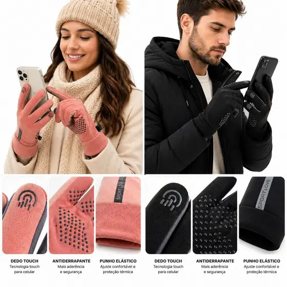 Luva Térmica Touch Screen Masculina e Feminina Inverno Antiderrapante Esportiva Moto Bike Frio