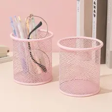 Porta Lápis de Metal Aramado Redondo Rosa Organizador de Mesa Porta Canetas Escritório Escolar