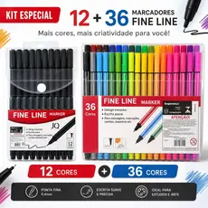 Kit Canetas Coloridas Fine Line + 12 Pretas Ponta 0.4mm Desenho Escolar Bullet Journal