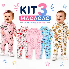 Kit 3 Macacão Manga Longa Para Bebê Estampado Com Zíper 100% Algodão Menino Menina RN P M G