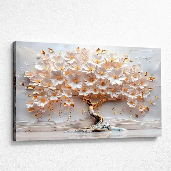 Quadro em Tela Canva Arvore da Vida 90x50cm em Branco e Dourado 3D Impressão Digital