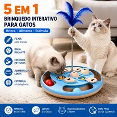 Brinquedo Interativo para Gatos 5 em 1 Com Pena e Bola Rolante Comedouro Lento Inteligente e Dispenser de Petiscos