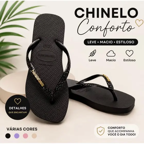 chinelo feminino com glitter nas tiras muito confortável