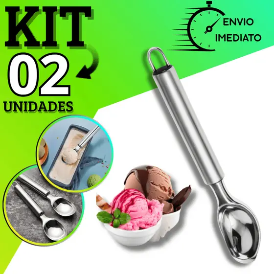 KIT 2 Colher Pegador De Sorvete E Açaí Concha Em Aço Inox 20,5cm Reforçada