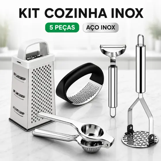 KIT 5 Peças Inox Cozinha | Amassador Batata e Alho, Descascador, Espremedor Limão e Ralador 4 Faces