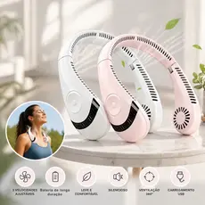 Ventilador de Pescoço Portátil USB Recarregável Dobrável Flexível Silencioso Vento Forte Rosa e Branco