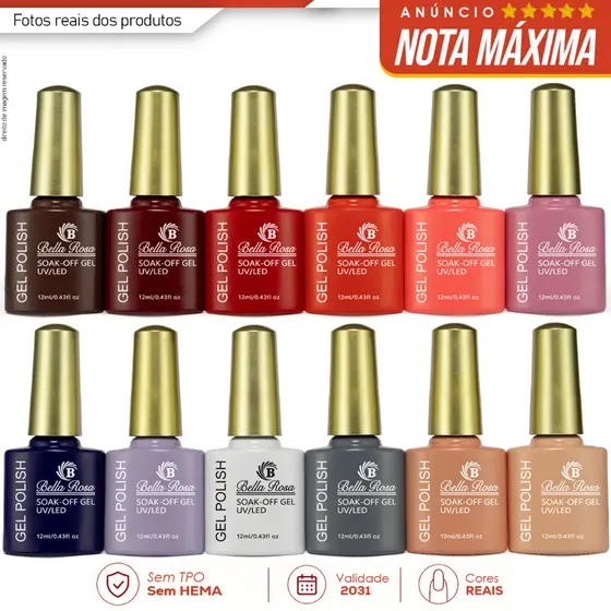 Kit 12 Esmaltes em Gel Led Uv COLEÇÕES p/ Unhas Manicure 12ml Bella Rosa