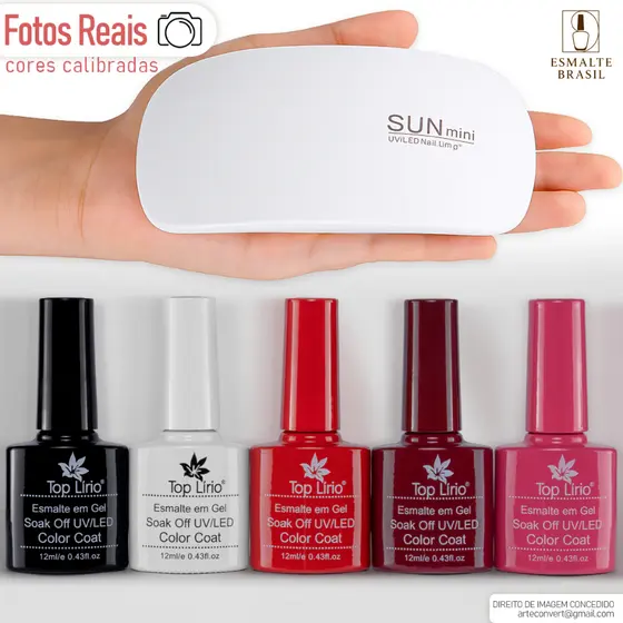 Kit 5 Esmaltes em Gel LED UV + Cabine Sun Mini 6W