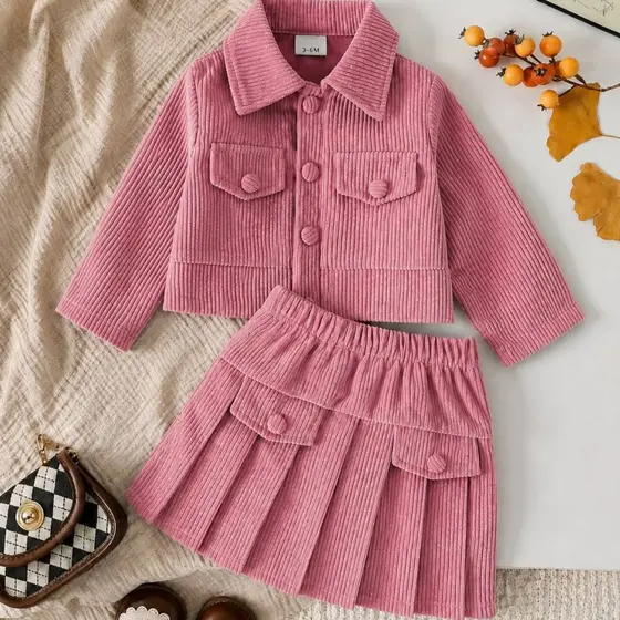 Conjunto Infantil Feminino Cotelê 2 Peças Jaqueta  e short  Saia Plissada Menina Moda Inverno