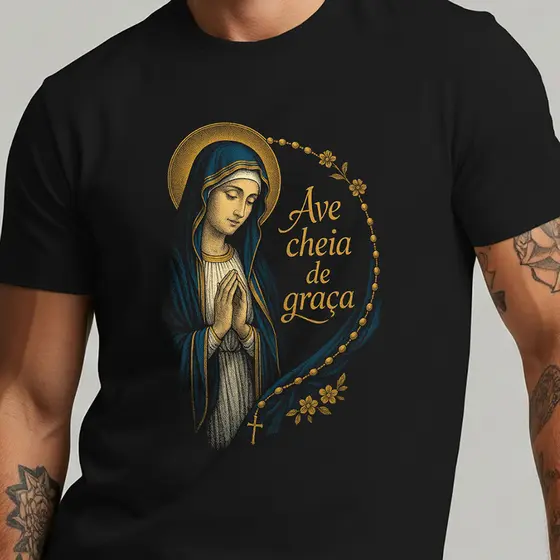 Camiseta Masculina Ave Maria Religiosa Catolica Nossa Senhora Conforto 100% Algodão Premium
