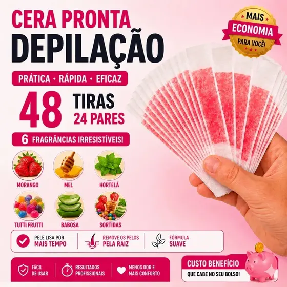 48 tiras (24 pares) de Cera Pronta Morango Natural Mel Hortela Menta Tutti Frutti Babosa Sortidos