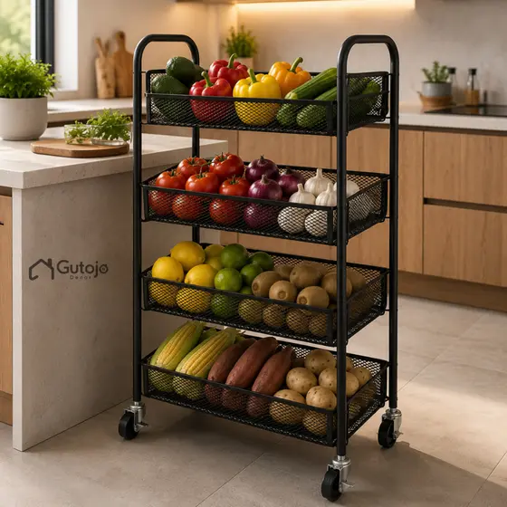 fruteira de cozinha de chão 4 Andares com Rodízios para Frutas Multifuncional Aço Rodinha Organizador