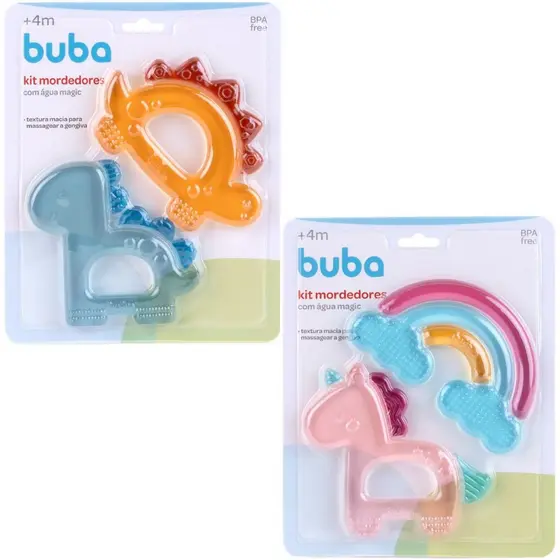 Kit 2 Mordedor Buba Refrigerável para Bebe Magic Dino/Unicórnio Crescimento Dentes Alivio dor Gengiva
