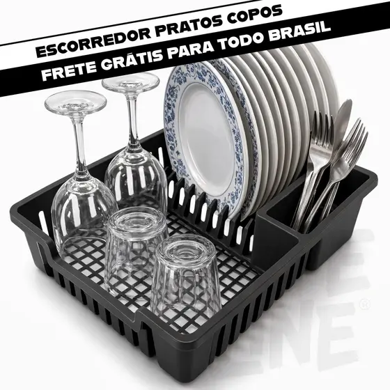Escorredor de Louça 12 Pratos Preto Cozinha Plástico Resistente Porta Talheres Copos Organizador Pia