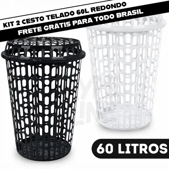 Cesto de Roupas Sujas Redondo com Tampa Telado 60l Plástico Reforçado Resistente Organizador Casa