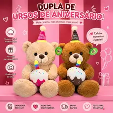 Urso de Pelúcia Feliz Aniversário 30cm com Chapéu Presente Criativo Aniversariante Decoração Festa