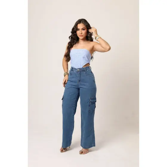 Calça Wide Leg Cargo Jeans Feminina