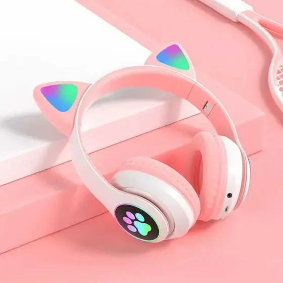 Fone De Ouvido Bluetooth Orelha Gato Infantil Led Fone  Orelinhas Criança Headphone Com Luzes De LED