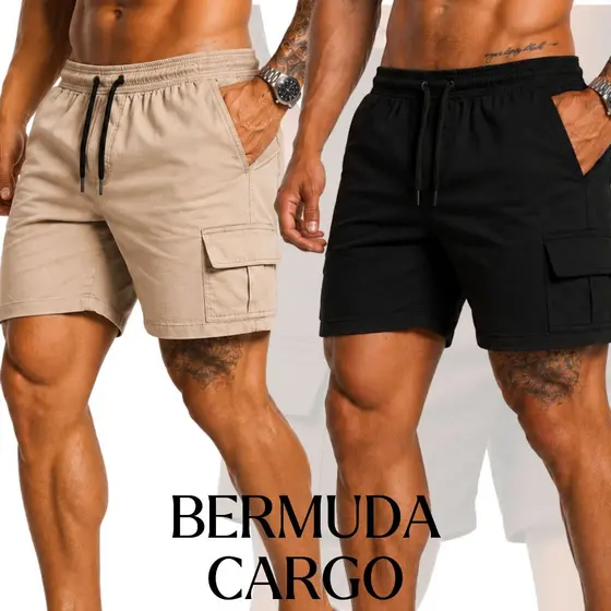 Short Cargo Masculino de Sarja com Elástico Sarja e Bolso Lateral Bermuda Masculina Bolsos Cargo