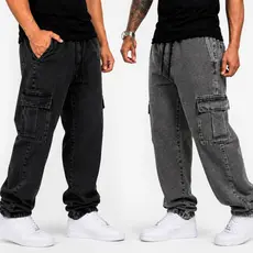 Calça Cargo Masculina com Elástico e Bolso Lateral Jeans Marmorizado Grafite Streetwear Adulto
