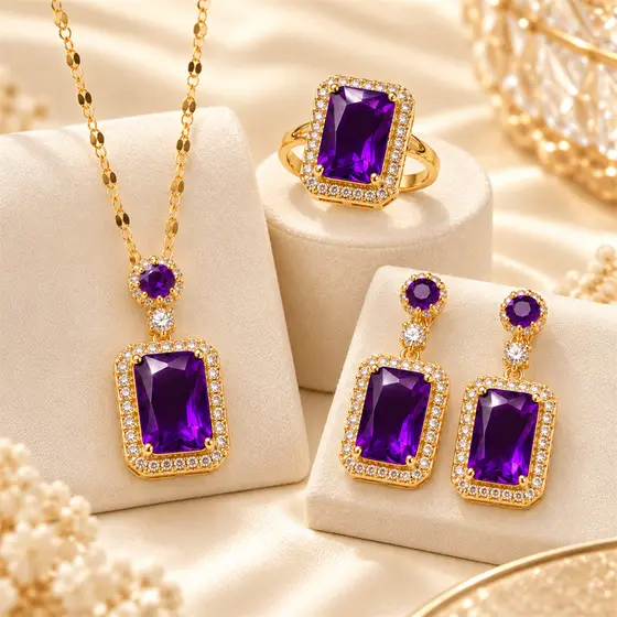 Kit 3 Peças Feminino Dourado Roxo Colar Brincos Anel Pedra Retangular Brilhante Presente