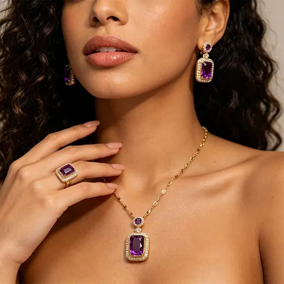 Conjunto Joias Ametista Roxa + Brincos Colar Anel Kit Elegante Mulher