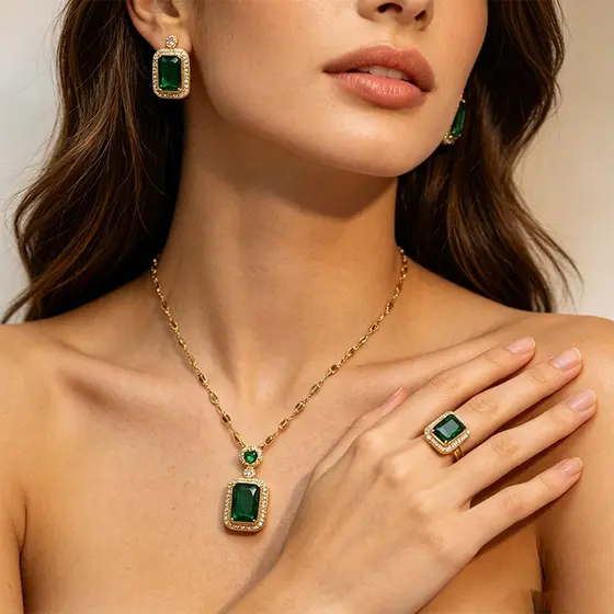 Kit Joias Verde Esmeralda Luxo + Brincos Colar Anel Ajustável Feminino