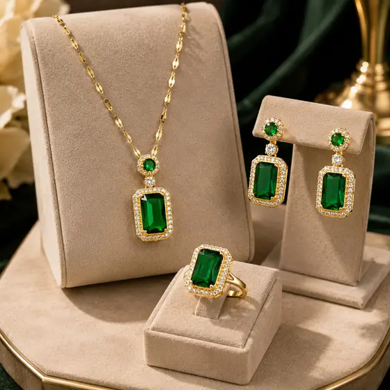 Conjunto de Joias Feminino Colar Brinco Anel Pedra Verde Estilo Esmeralda Festa Casamento Presente