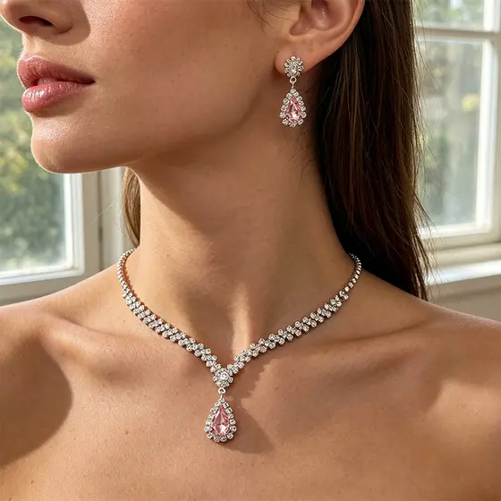 Conjunto Colar e Brincos Feminino Gota Rosa Cravejado Festa Casamento Madrinha Formatura