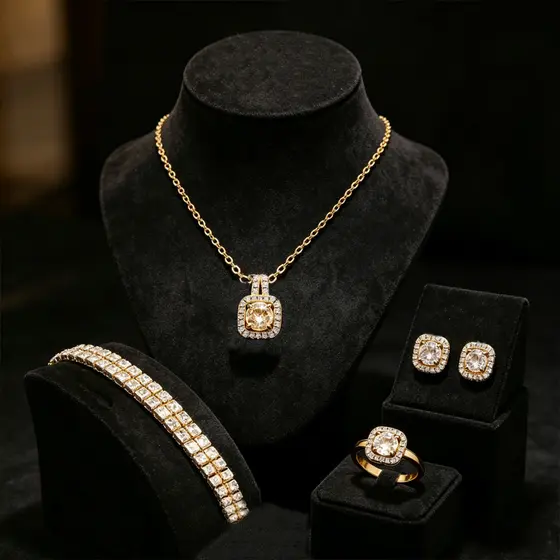 Colar Dourado Conjunto 4pç Anel Brinco Pulseira Zircônia Feminino Luxo Brilhante Ajustável Presente Festa Casamento