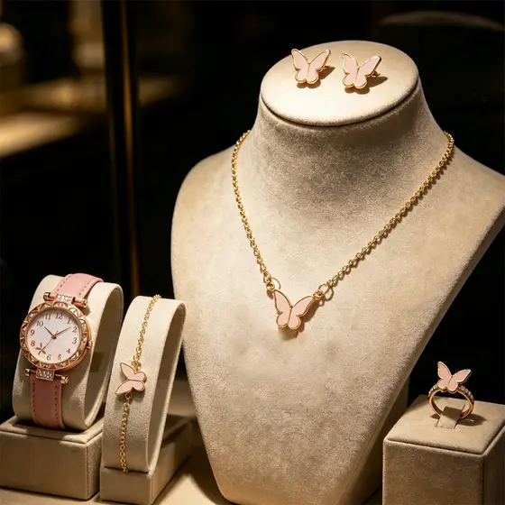 Conjunto Completo Feminino Relógio Rosa + Colar Brincos Pulseira Anel Borboleta