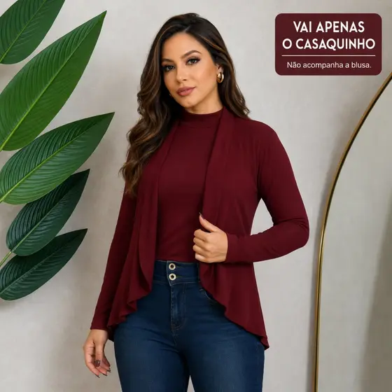 Blusa Casaquinho Feminino Canelado Elegante Manga Longa Cardigan Casual
